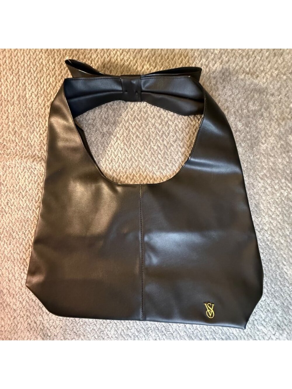 Victorias Secret Black Faux Leather Shoulder Bag With Bow Accent & Gold VS Logo
